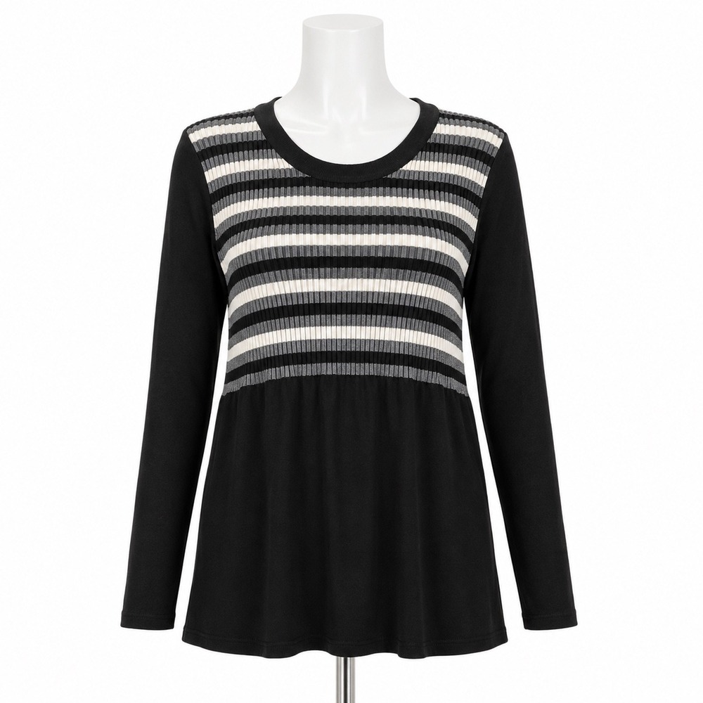 Doncaster Wool Babydoll Sweater Black Gray Striped Colorblock Quiet Luxury Knit